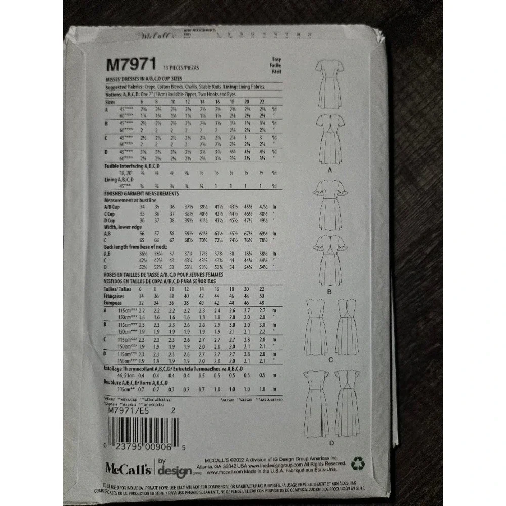 McCalls M7971 Misses Dresses Sewing Pattern A B C D Cup Sizes 14-22 Uncut